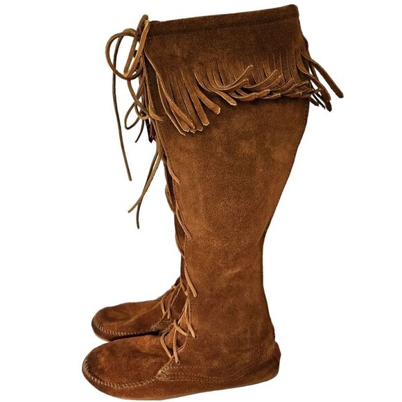 Minnetonka Brown Lace Front Knee High Suede Fringe Moccasins Festival Boots Sz 7 - Picture 3 of 11